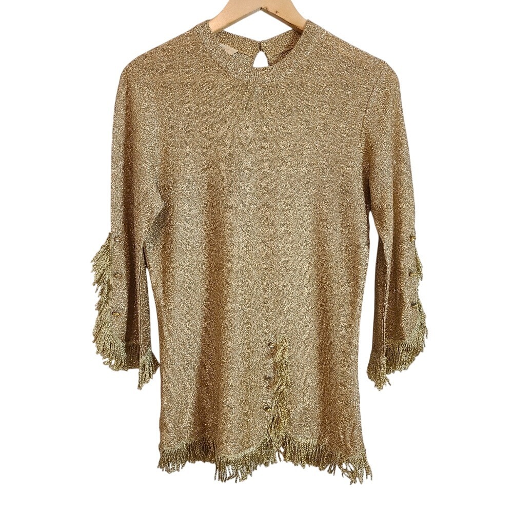 Vintage Metallic Gold Lightweight‎ Fringe Sweater Rexor France Small